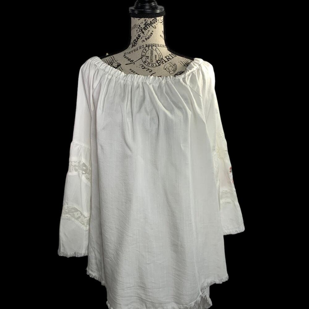Standard Grace Women’s Large Blouse Cold Shoulder Raw Hem White Boho Embroidered